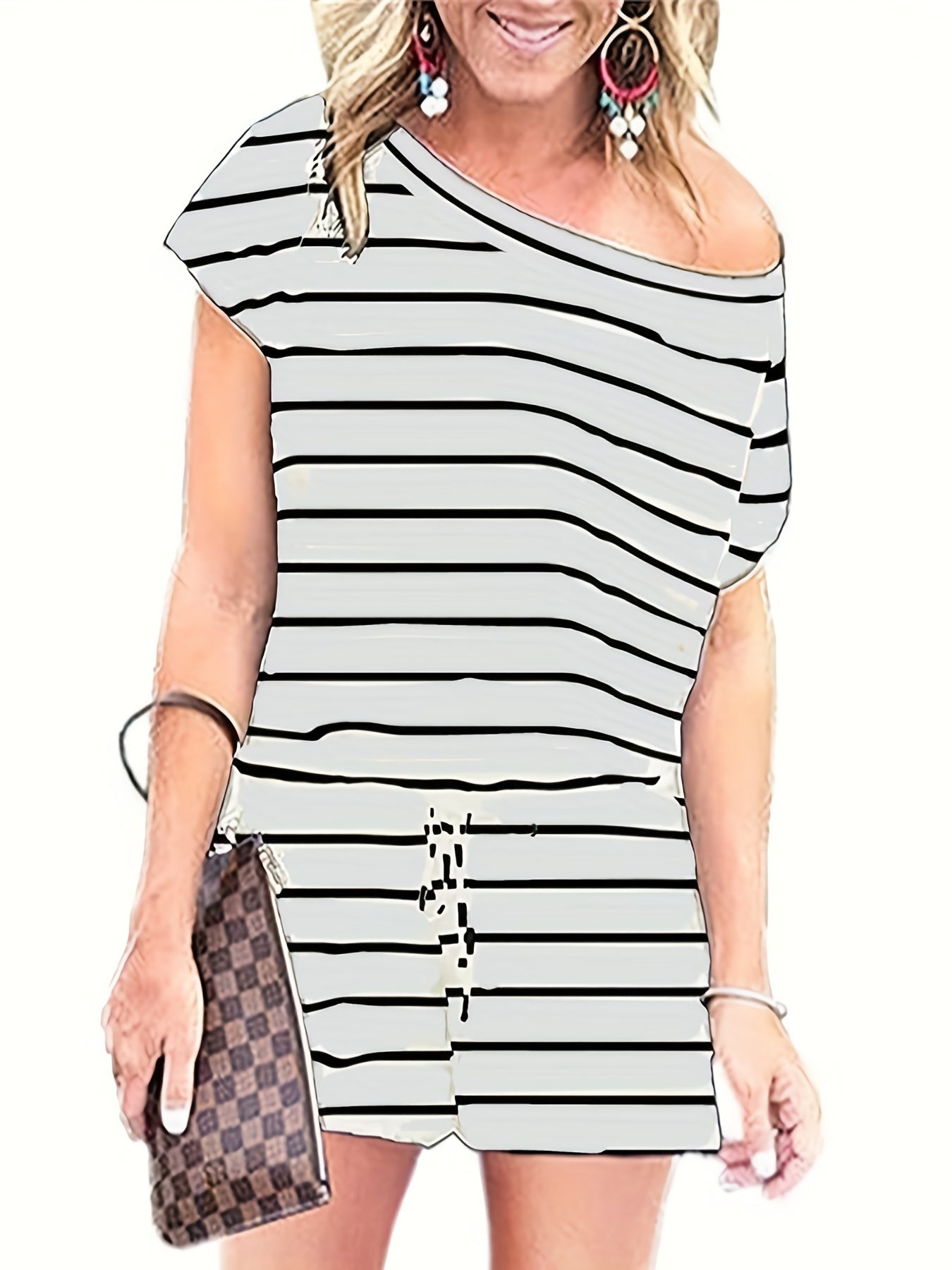 Striped Print Slanted Shoulder Romper Casual Drawstring Short Sleeve Romper