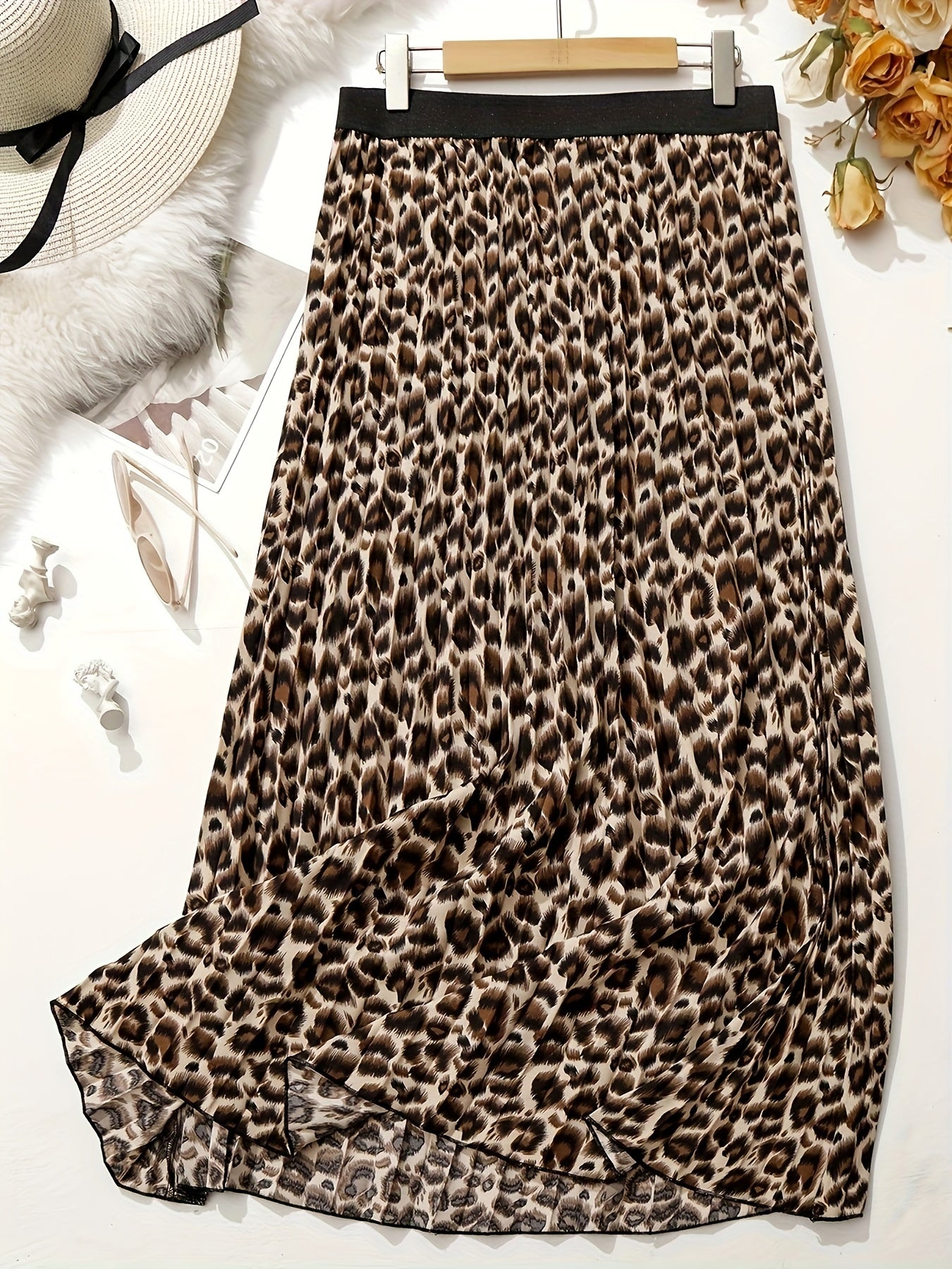 Leopard Print Elastic Waist A-line Pleated Skirt