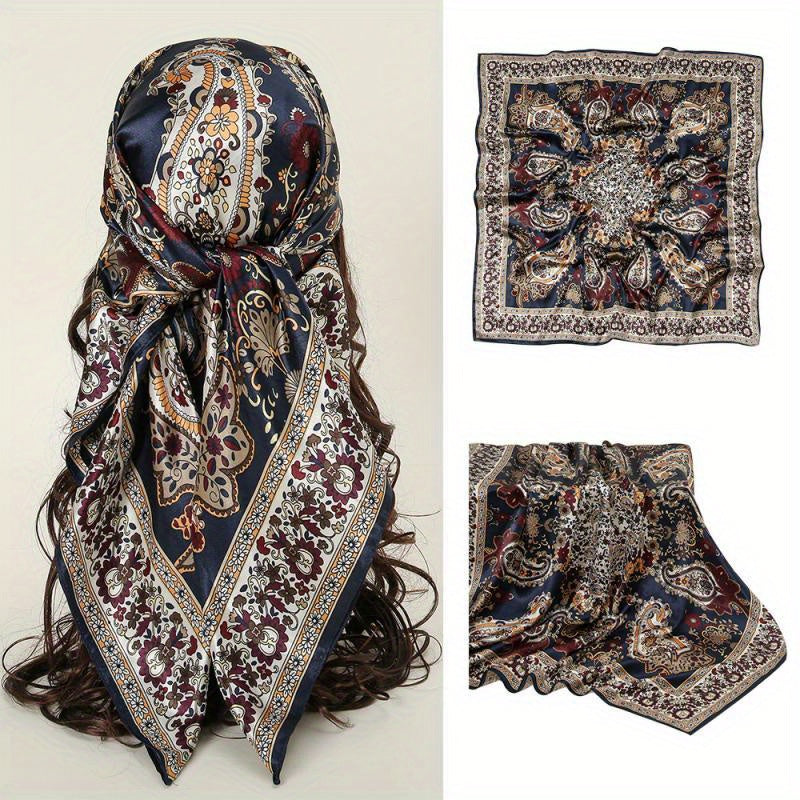Boho Flower Print Square Scarf Silk Bandana Vintage Satin Shawl