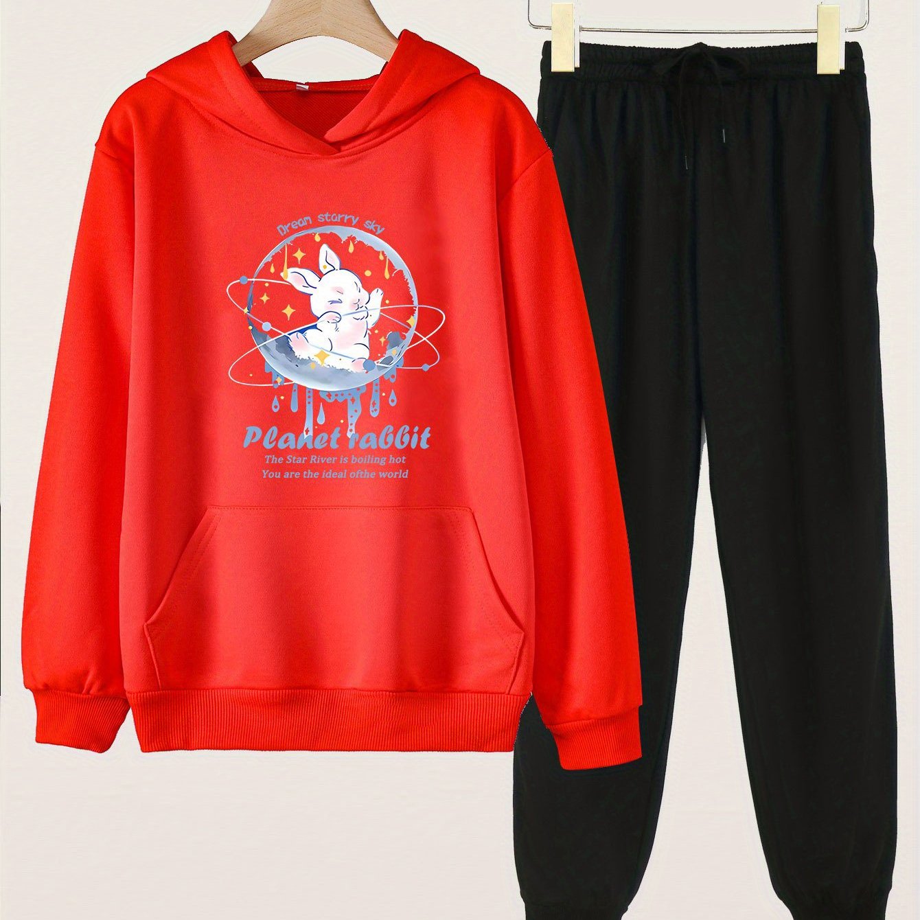2pcs Planet Rabbit Print Hooded Outfit For Girls Hoodie & Pants Set