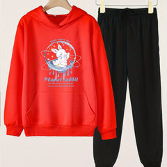 2pcs Planet Rabbit Print Hooded Outfit For Girls Hoodie & Pants Set