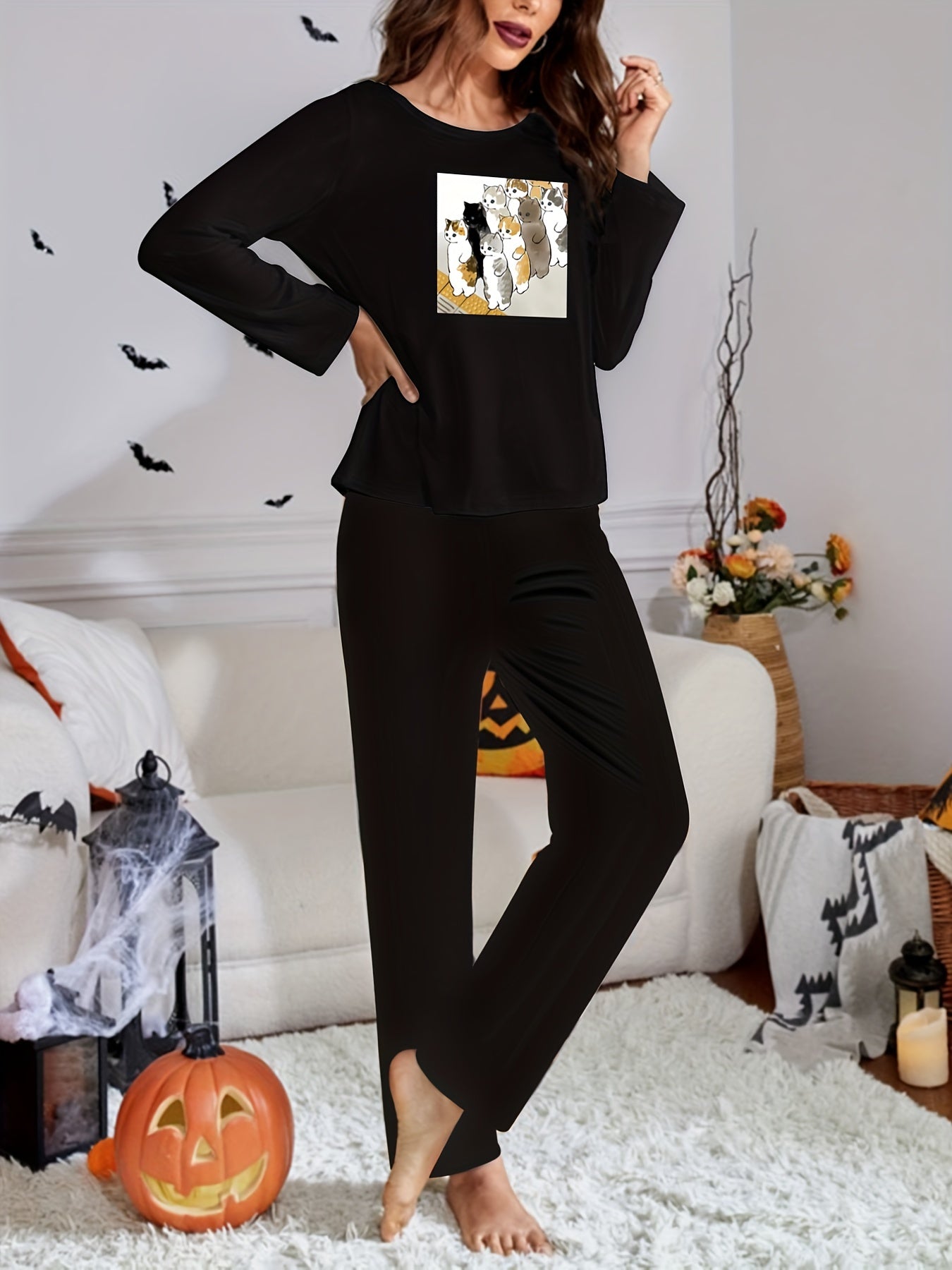 Cat Print Lounge Set Crew Neck Top & Pants Women's Sleepwear