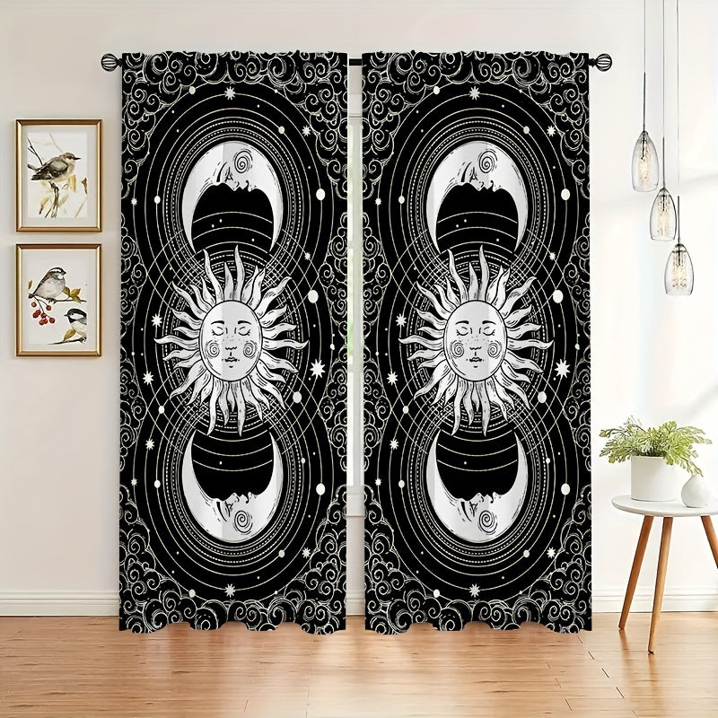 2pcs Sun Moon Printed Curtains Rod Pocket Semi Blackout Window Curtains