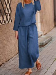 Casual Boat Neck Long Sleeve Tops & Wide Leg Pants Set