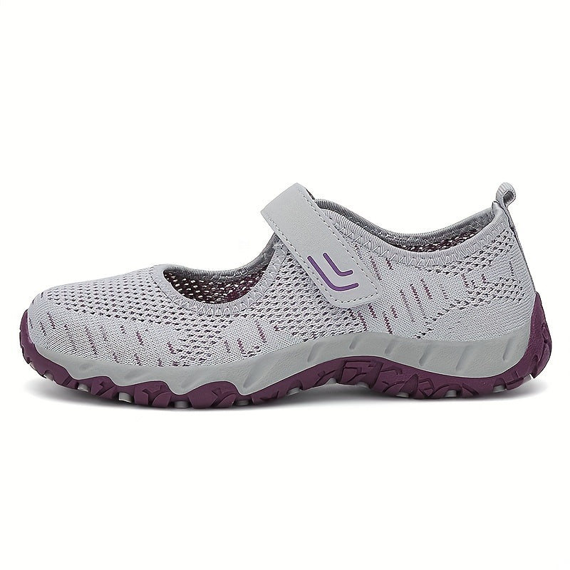 Women's Breathable Knit Sneakers Casual Hook & Loop Strap Shoes Grey & Purple