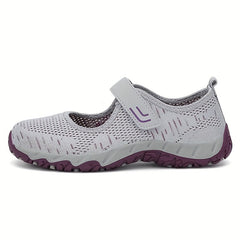 Women's Breathable Knit Sneakers Casual Hook & Loop Strap Shoes Grey & Purple