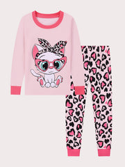 Cat Print Kids' Pajamas Set Long Sleeve Top & Leopard Pants Comfy Loungewear