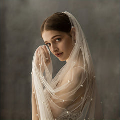 Cathedral Style Wedding Head Veil Inlaid Faux Pearl Long Head Veil