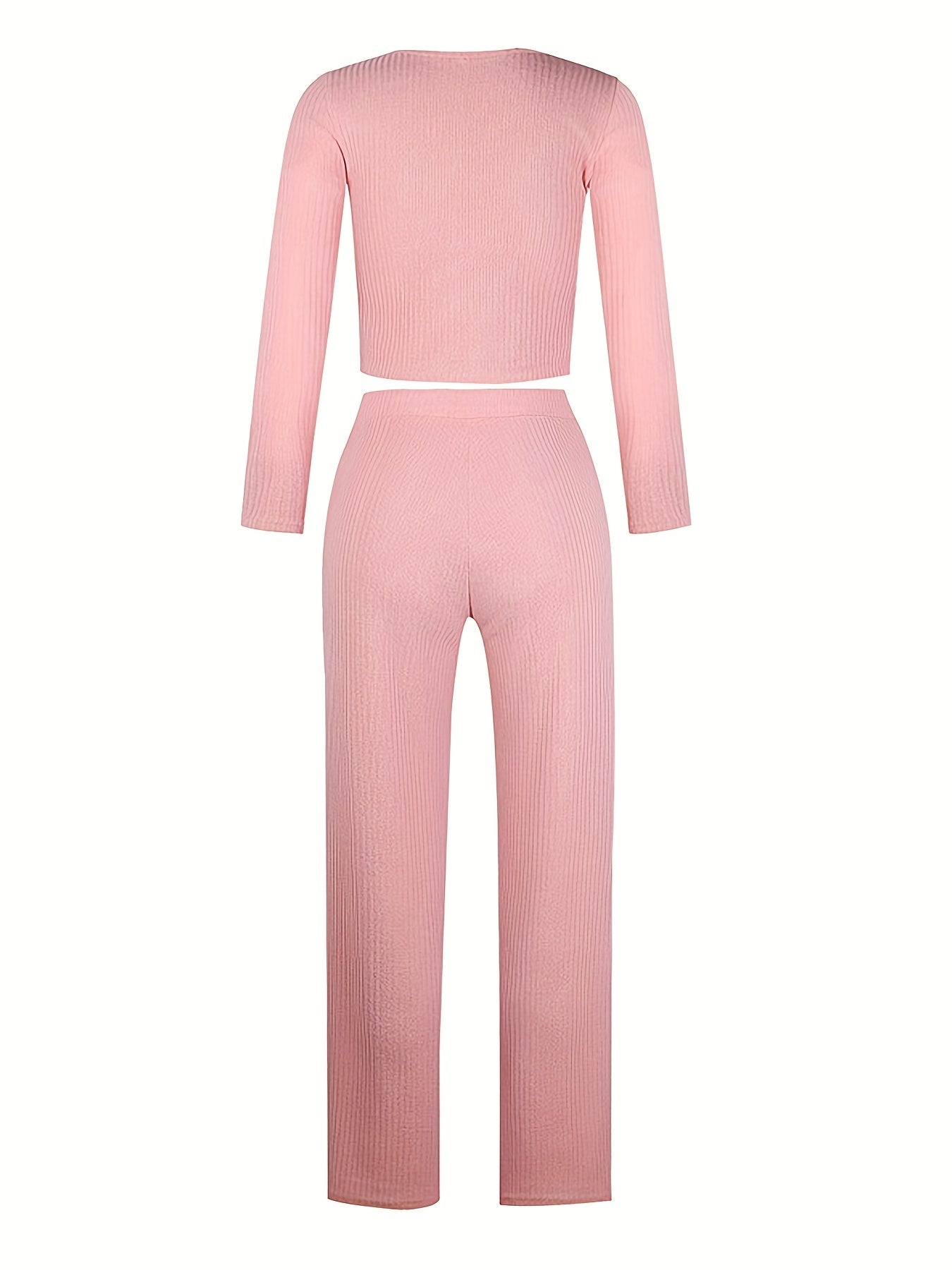 Solid Ribbed Lounge Set Long Sleeve Top & Pants Women's Loungewear