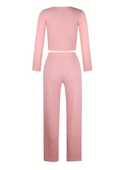 Solid Ribbed Lounge Set Long Sleeve Top & Pants Women's Loungewear