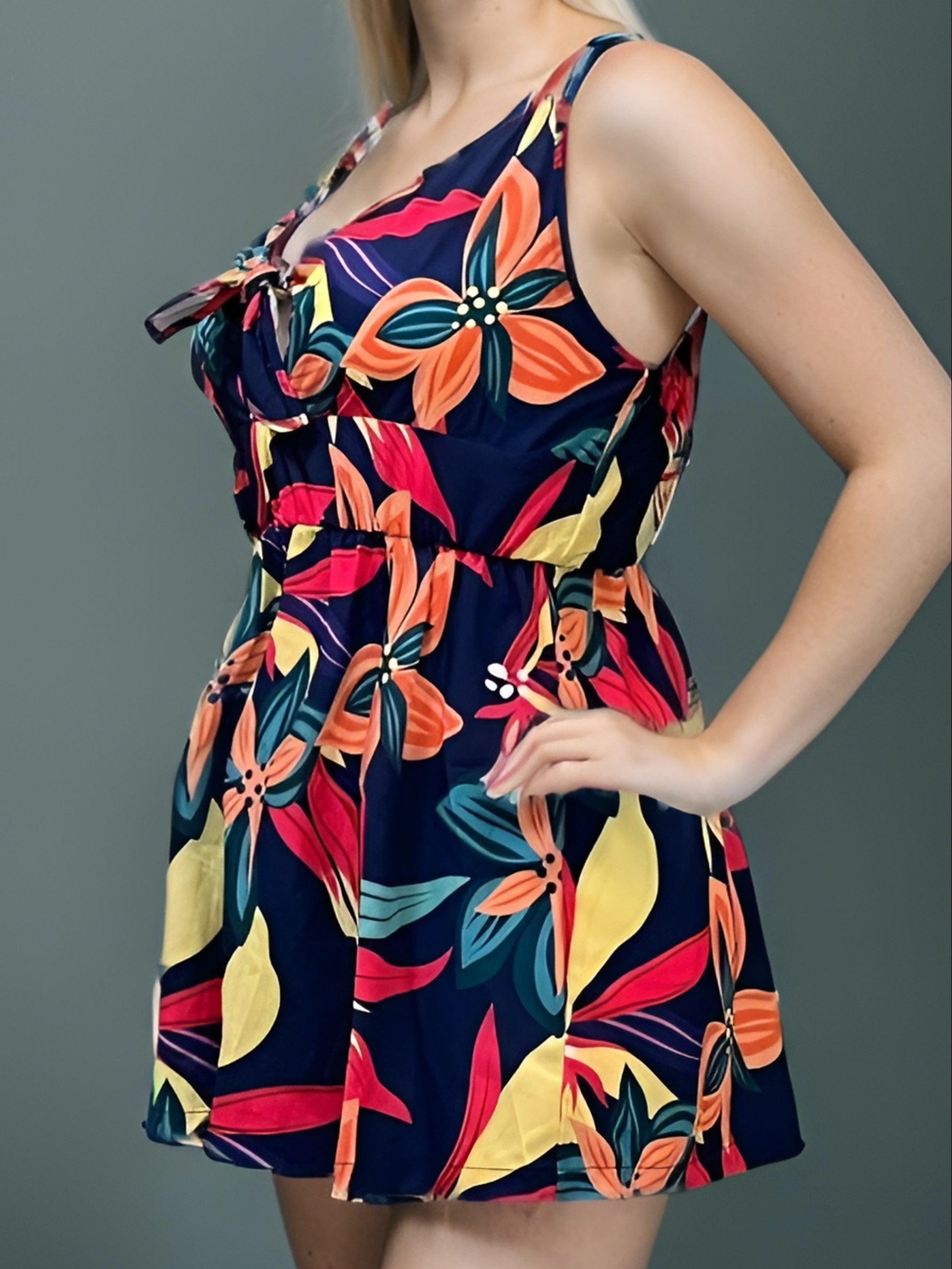 Tropical Print Knot V Neck Romper