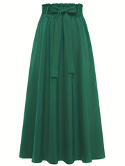 Solid Belted Maxi Skirt Pleated Versatile Women's Clothing