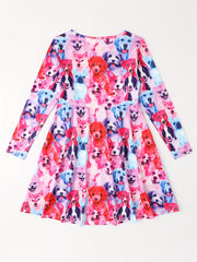 Sweet Puppy Graphic Long Sleeve Crew Neck Dress Girls Comfy Dresses