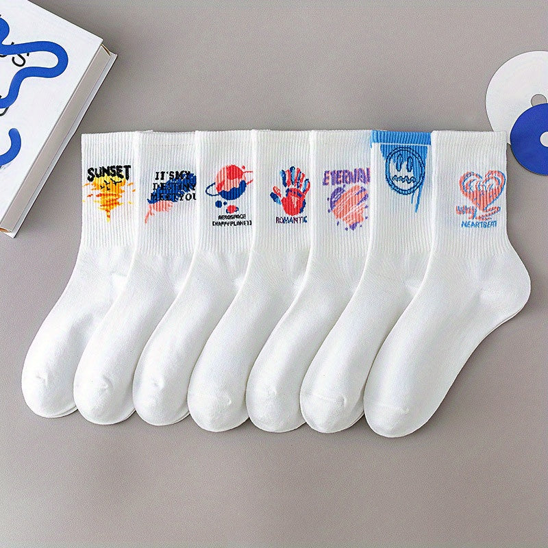 7 Pairs Cartoon Graffiti & Funny Mid Tube Socks Women's Stockings