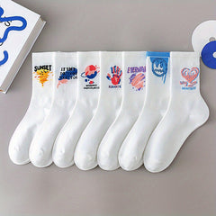 7 Pairs Cartoon Graffiti & Funny Mid Tube Socks Women's Stockings