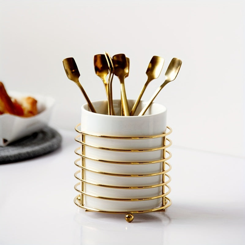Kitchen Utensil Holder with Golden Ring Metal Frame and Ceramic Crocks