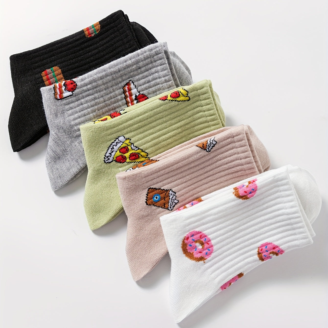 5 Pairs Cartoon Food Print Socks Comfy & Crew Socks Women's Stockings
