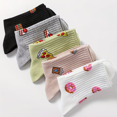 5 Pairs Cartoon Food Print Socks Comfy & Crew Socks Women's Stockings