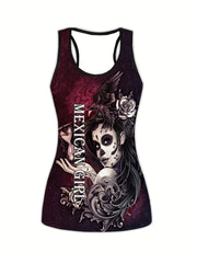 Gothic Cartoon Print Tank Top & Yoga Pants Fitness Outfit Set