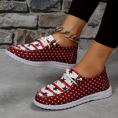 Women's Star & Stripe & Dotted Pattern Patchwork Boat Shoes Lace Up Flat Shoes
