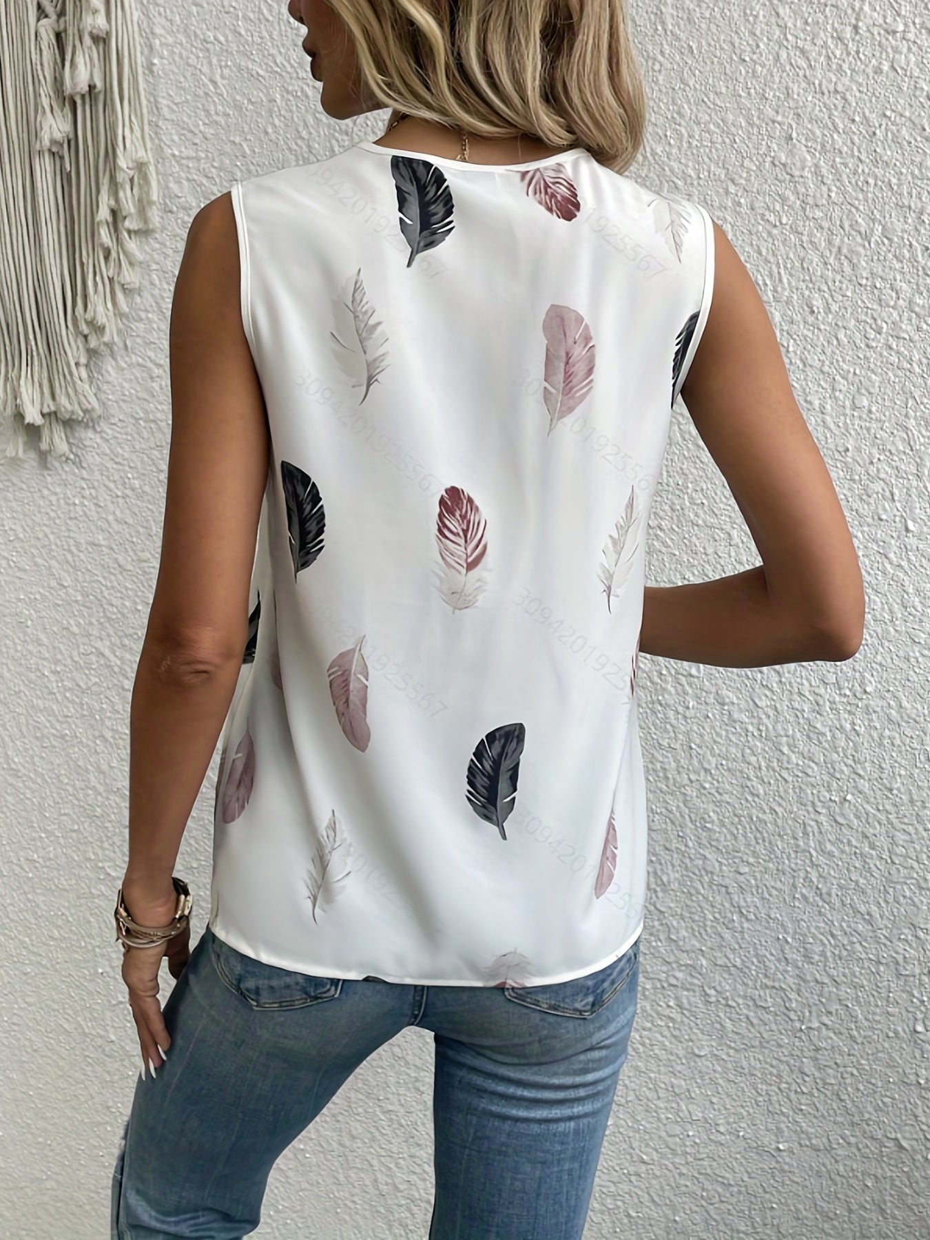 Feather Print V Neck Tank Top Sleeveless Casual Summer Women's Clothing