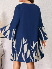 Women's Floral Print Bell Sleeve V Neck Casual Dress