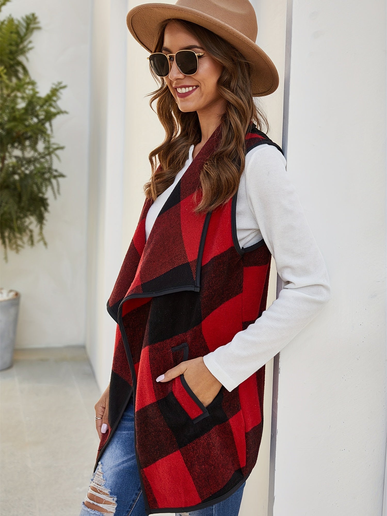 Sleeveless Vest Waterfall Collar Open Front Casual Vest With Pockets