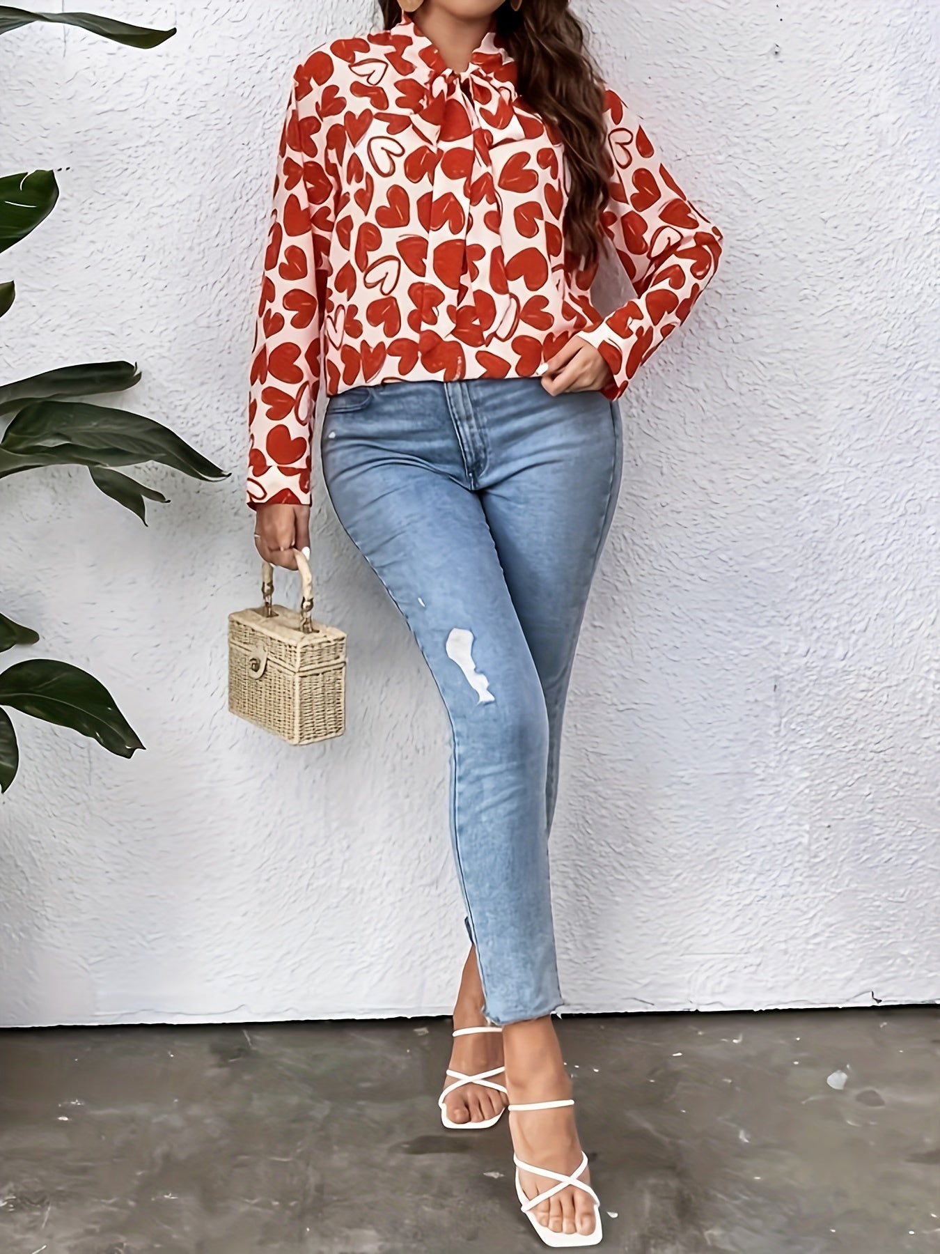 Casual Blouse Allover Heart Print Long Sleeve Bow Knot Tunic Top