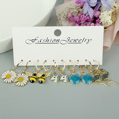 5pairs Girls Cartoon Earrings Bee Flower Unicorn Flamingo Shell Pendant Earrings