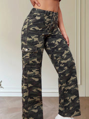 Camo Wide Leg Straight Jeans Flap Pockets Non Stretch Denim Pants
