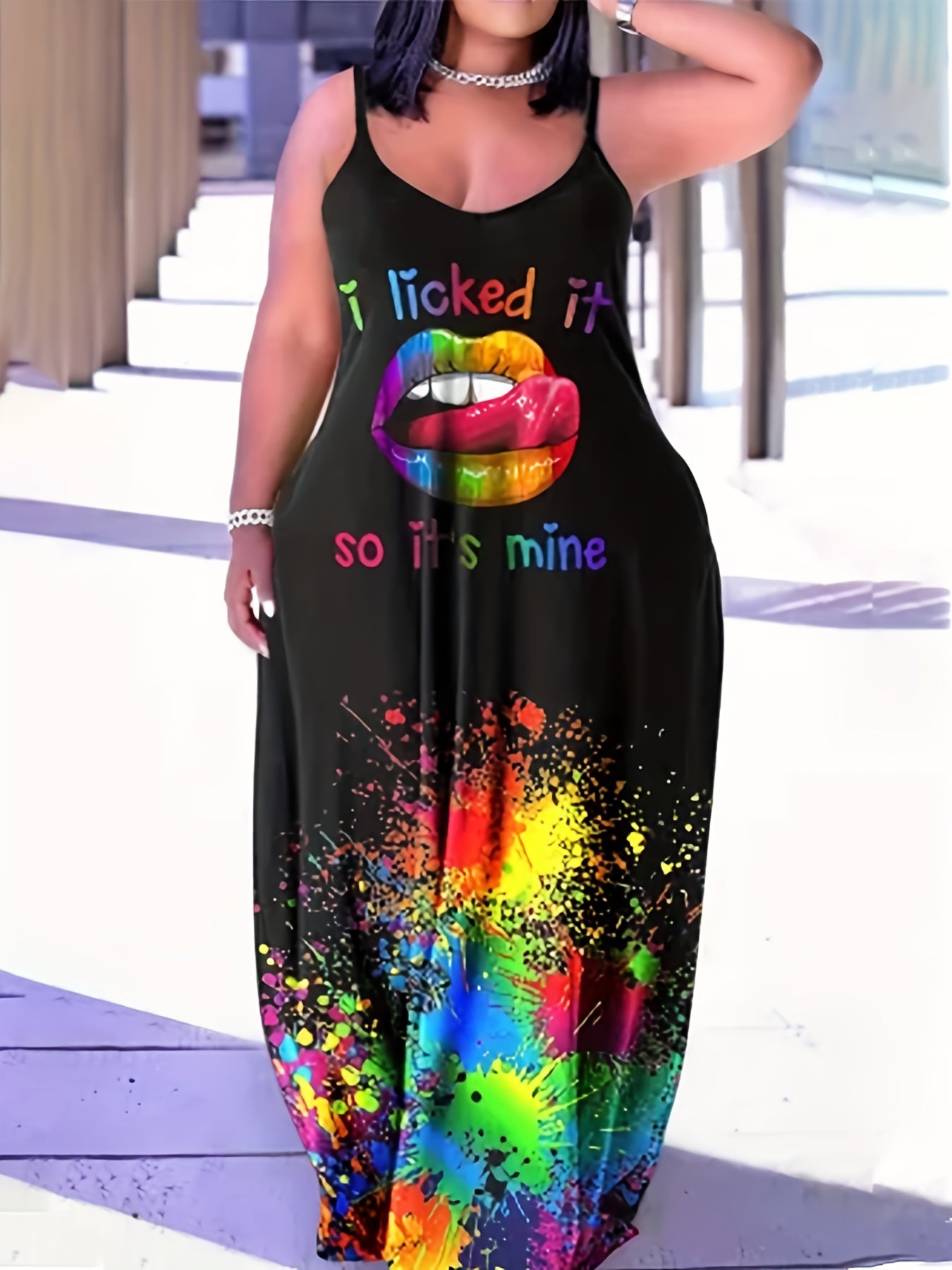 Casual Summer Dress Women's Plus Lip & Splash Print Maxi Cami Dress