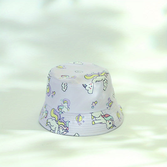 Girls Cartoon Unicorn Print Fisherman's Hat Sun Screen Bucket Cap
