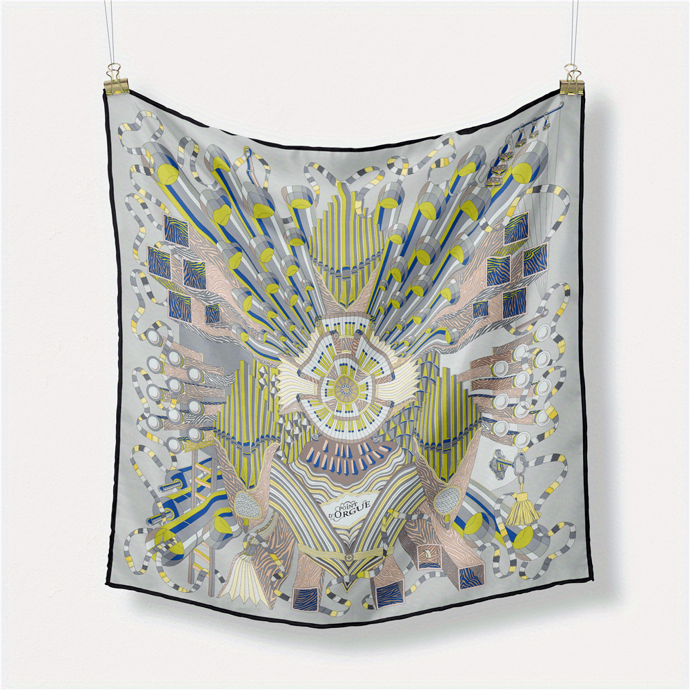 Boho Geometric Print Bandana Vintage Gray Silk Head Wrap Neckerchief