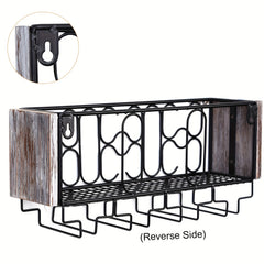 Wall Mounted Wine Rack For 4 Glasses Metal Bottle Holder Rustic Floating Shelf