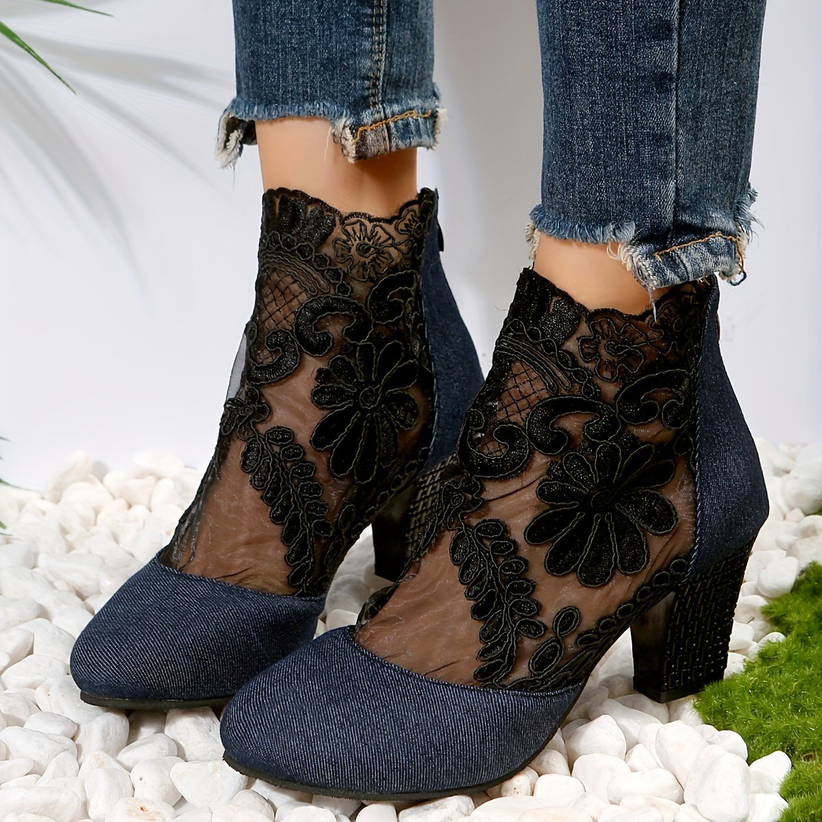 Floral Lace Ankle Boots Chunky Heeled Sandals Dress Heeled Boots