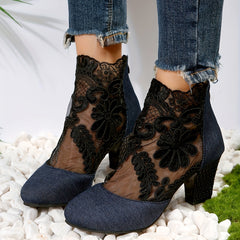 Floral Lace Ankle Boots Chunky Heeled Sandals Dress Heeled Boots