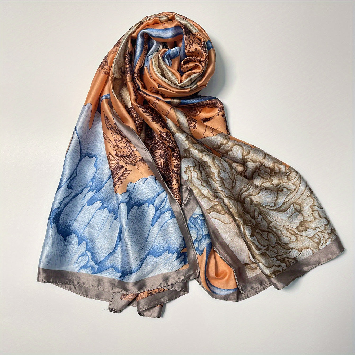 Flower Castle Print Scarf Satin Shawl Head Wrap Travel Beach Towel