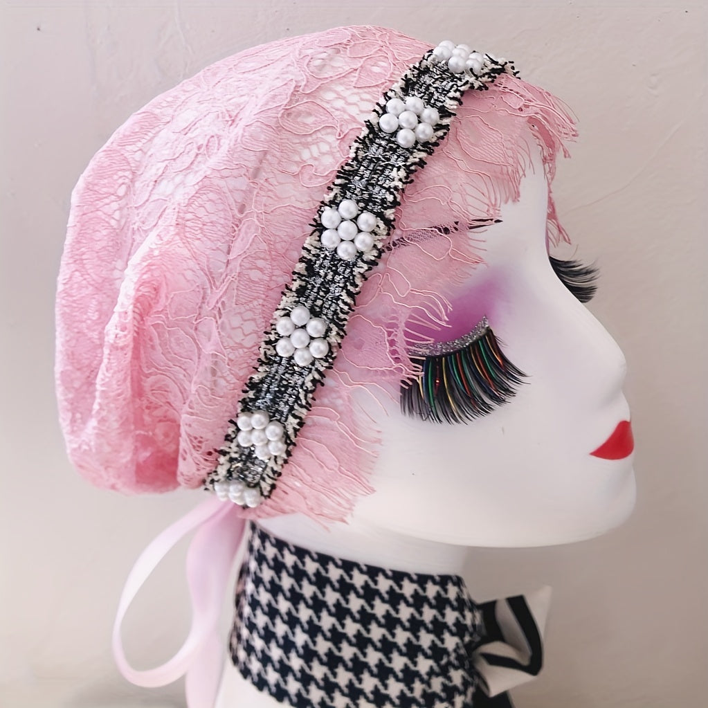 Women's Faux Pearl Lace Turban Cap Beanie