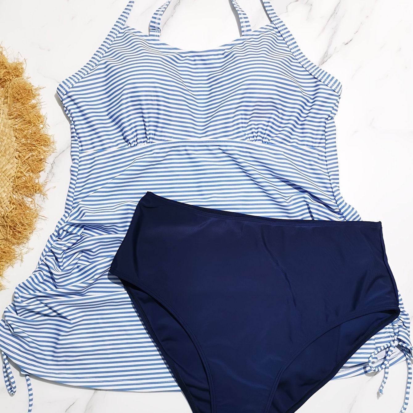 Striped Print Lace Up Tankini Set