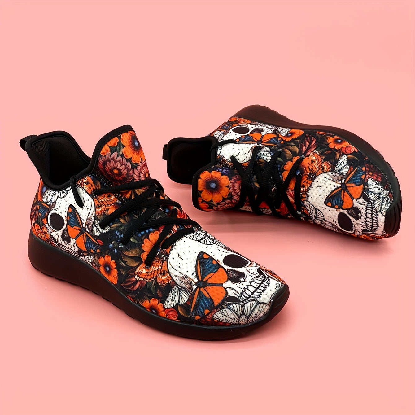 Women's Skull & Flowers Print Sneakers Lace Up Outdoor Shoes