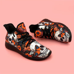 Women's Skull & Flowers Print Sneakers Lace Up Outdoor Shoes