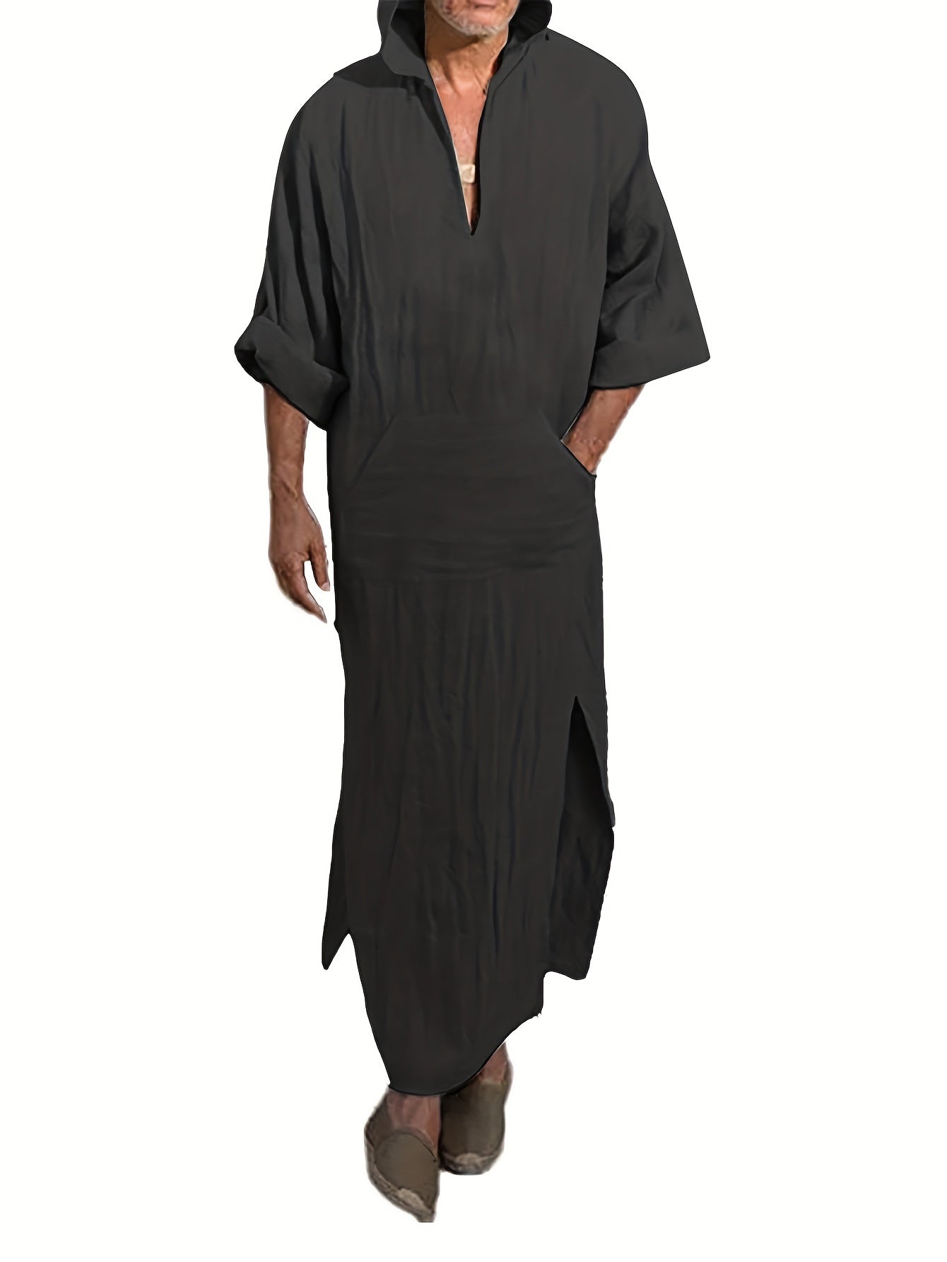 Islamic Arabic Kaftan Men Half Sleeve Hooded Solid V Neck Muslim Clothes Vintage