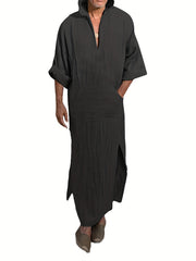 Islamic Arabic Kaftan Men Half Sleeve Hooded Solid V Neck Muslim Clothes Vintage