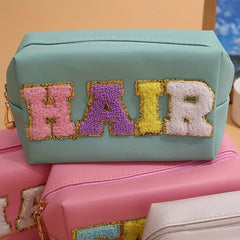 Chenille Letter Preppy Patch Makeup Bag Waterproof PU Leather Cosmetic Bag