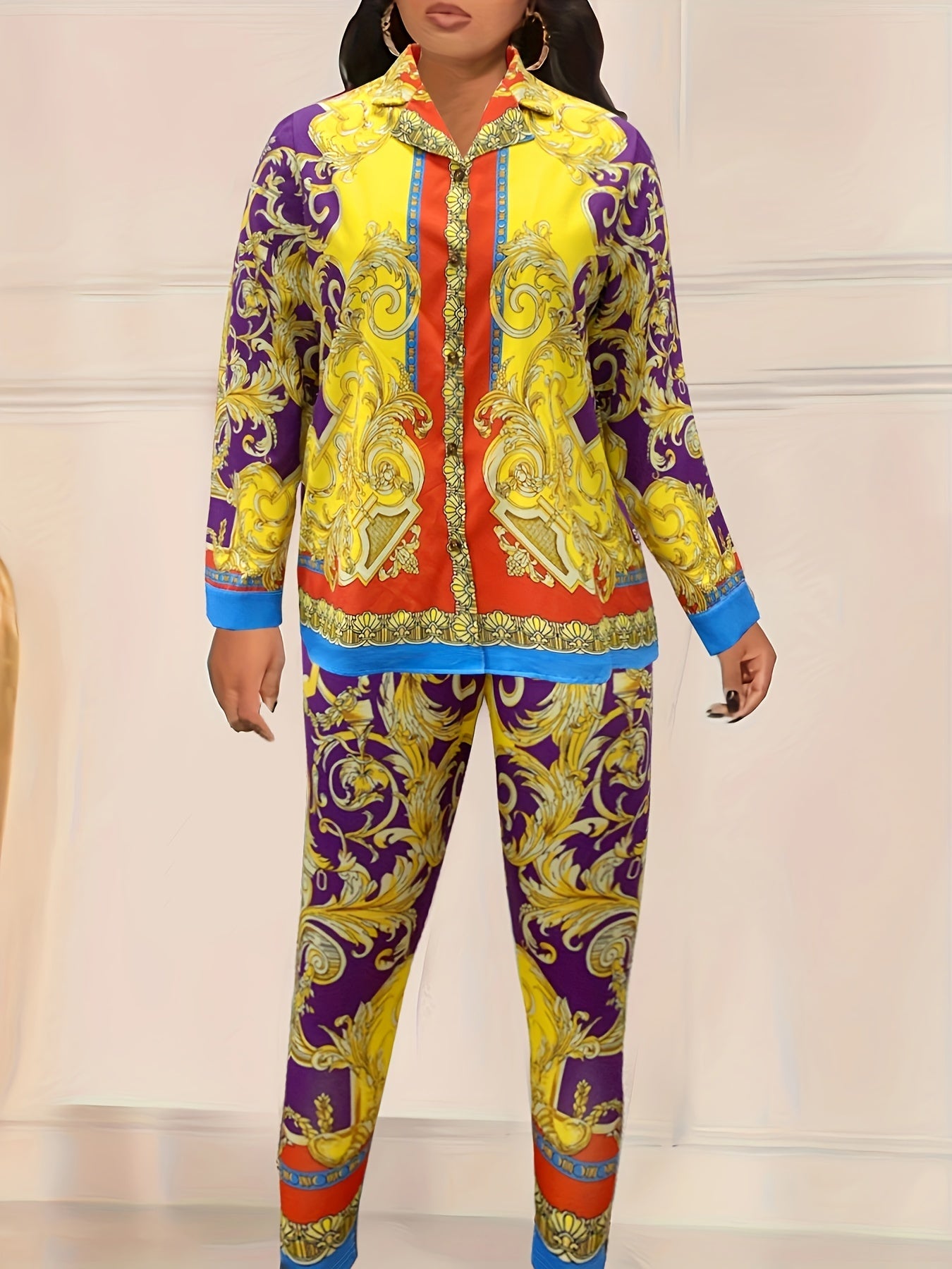 Baroque Print Long Sleeve Top & Pants Set