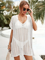 Crochet Side Split Cover Up Dress Short Sleeve Boho Beach Coverup