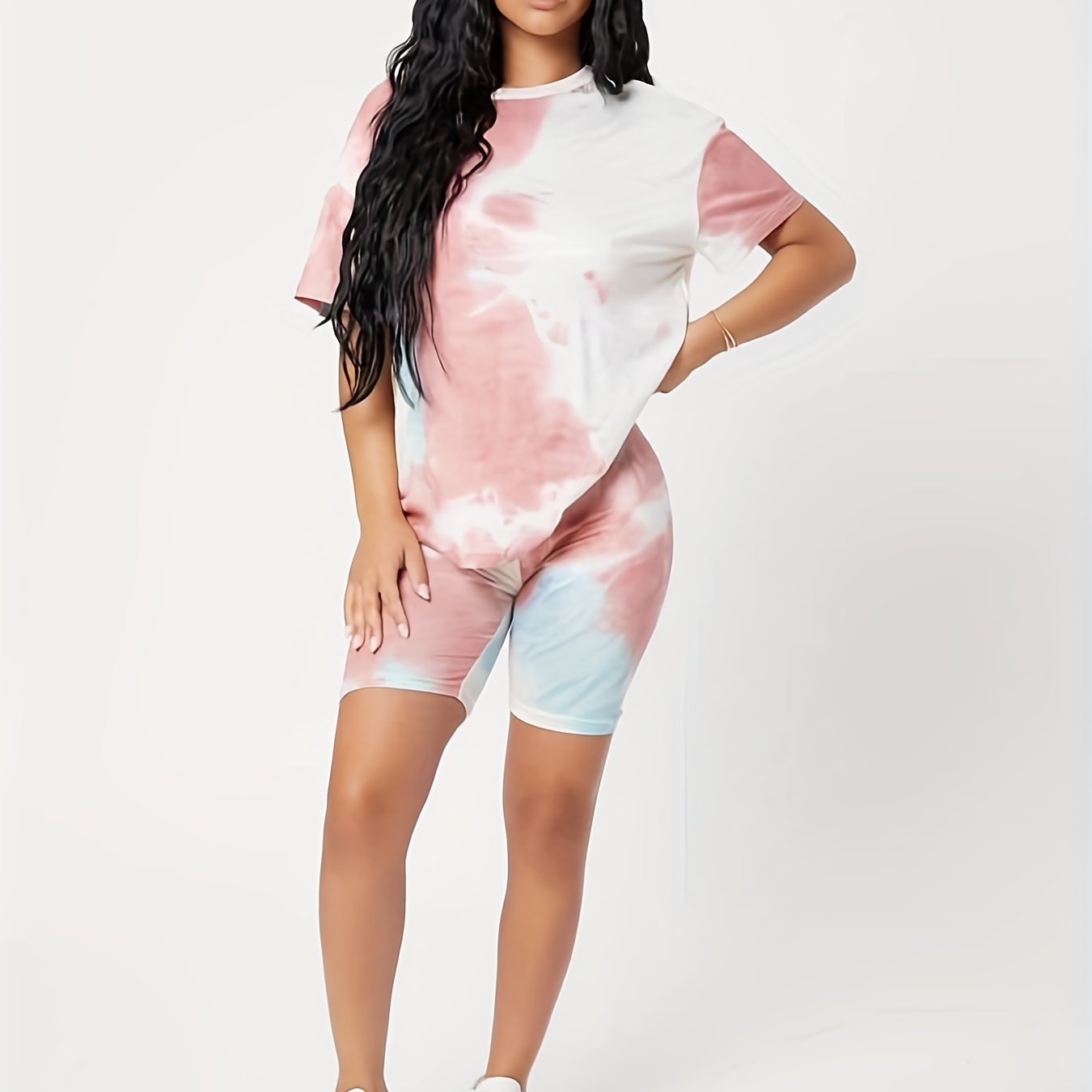 Casual Tie Dye Two-piece Set Short Sleeve Crew Neck Top & Leggings