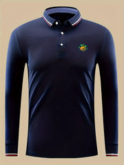 Orange Print Men's Casual Button Up Long Sleeve Lightweight Polo Shirt