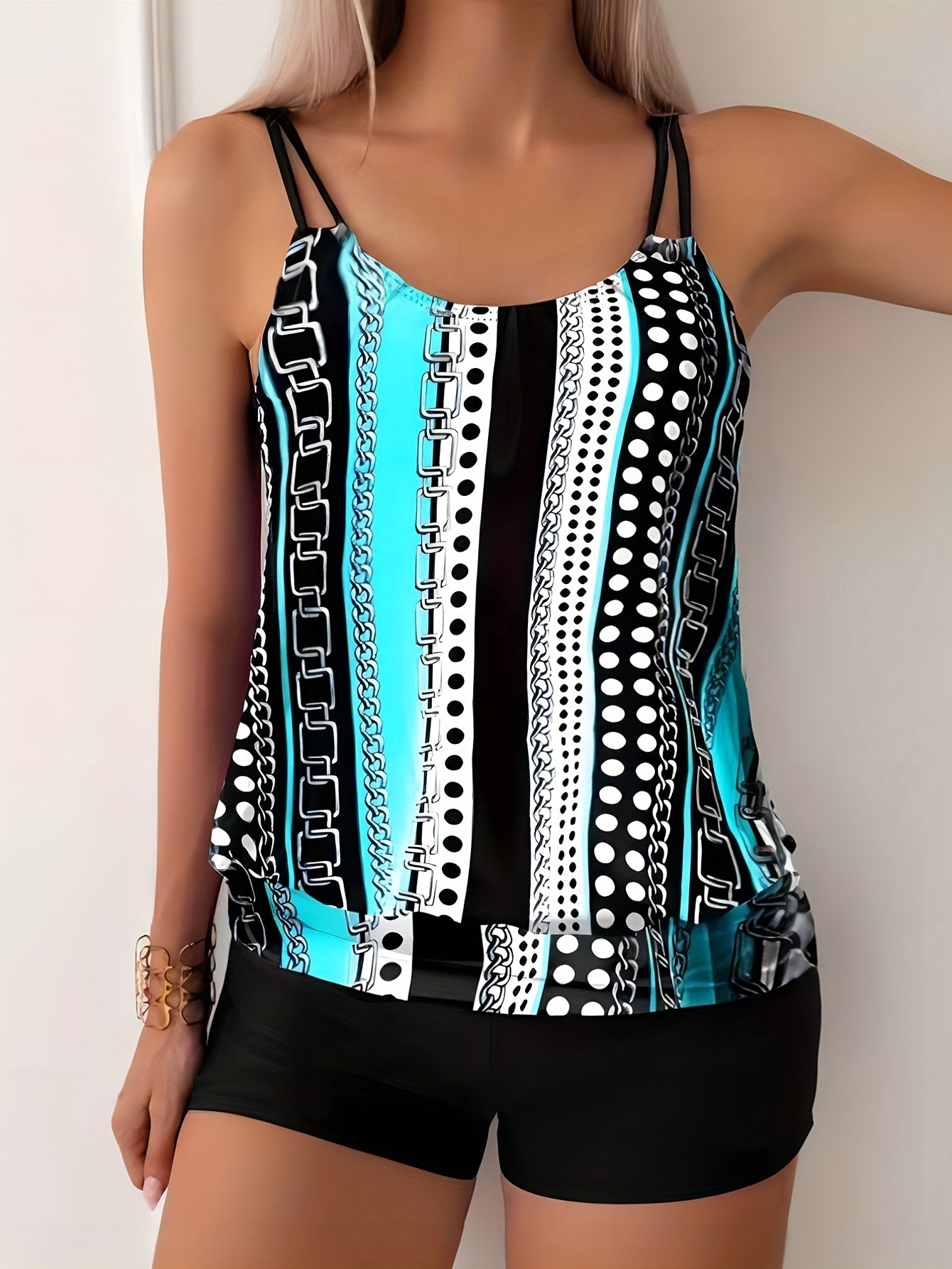 Striped & Polka Dot Tankini Set High Stretch Two Piece Swimsuit