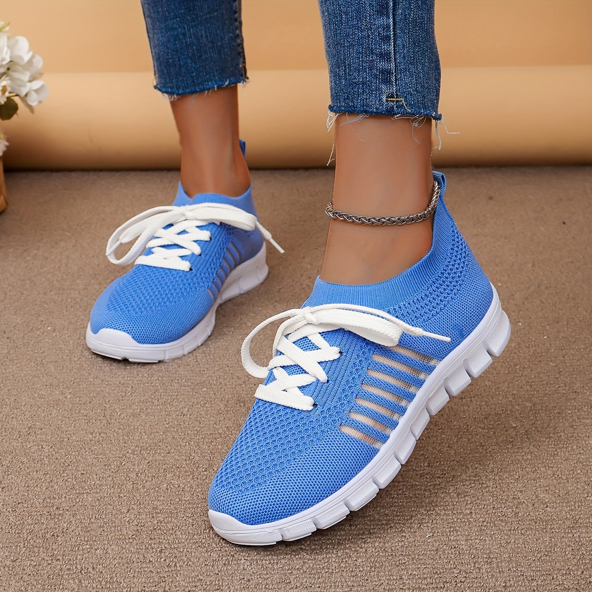 Women's Hollow Out Stripe Mesh Sneakers Soft Sole Lace-up Running Shoes